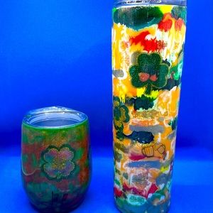 30 ounce skinny tumbler and 12 ounce wine tumbler. Sold as set.